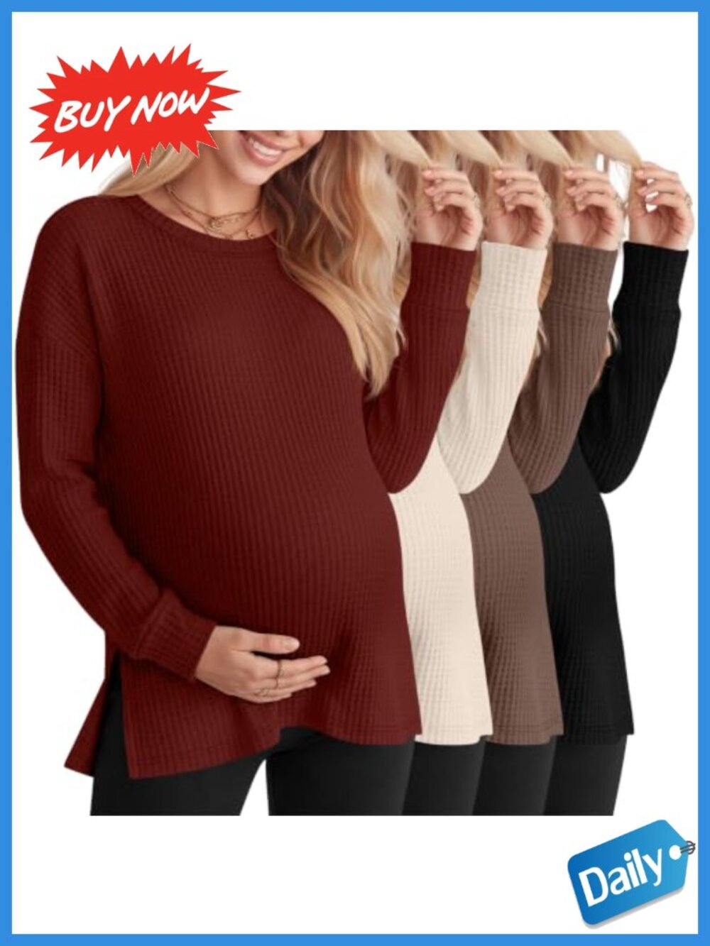 Maternity Long Sleeve Waffle Knit Shirts 4 Pack Crew Neck Pullover Tops